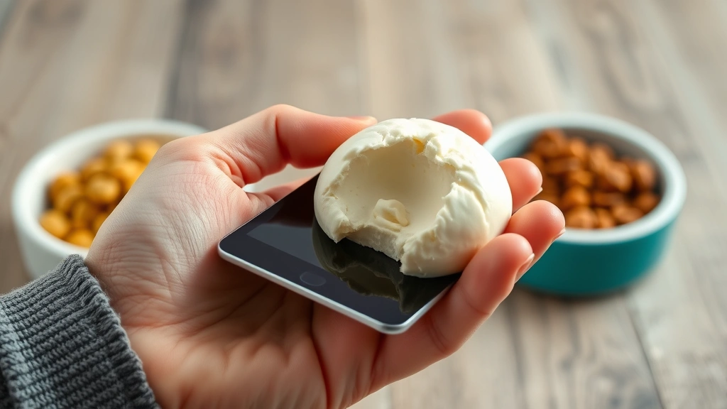 hiding pills in food -
Photorealistic image of a hand holding a small cream cheese ball with a tablet 