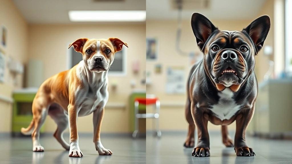 high calorie dog food -
Photorealistic side-by-side comparison showing a lean underweight dog on the le