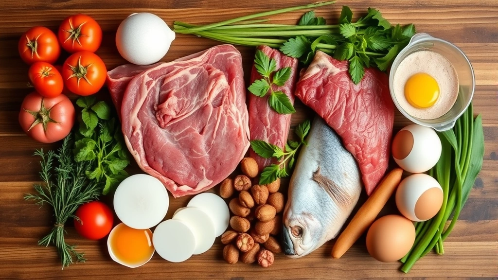 high calorie dog food -
Photorealistic overhead shot of various high-protein dog food ingredients inclu