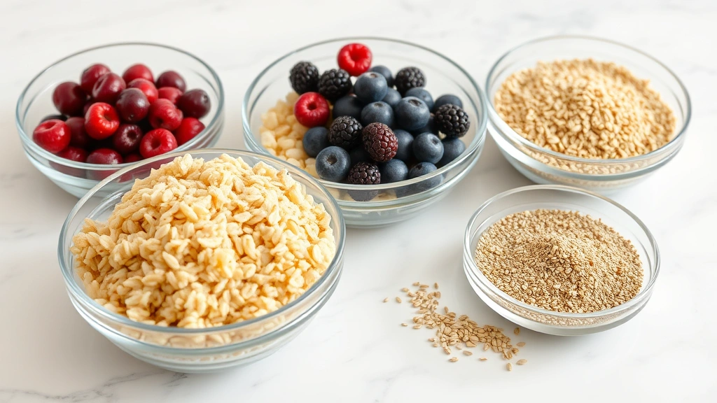 high-fiber human foods for pets -
Photorealistic image of various high-fiber foods in clear glass bowls: cooked b