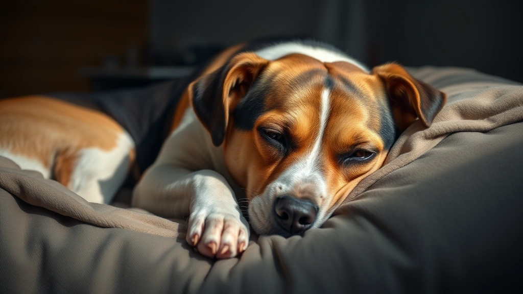 high liver enzymes in dogs -
Photorealistic image of a dog lying on a comfortable bed looking lethargic and 