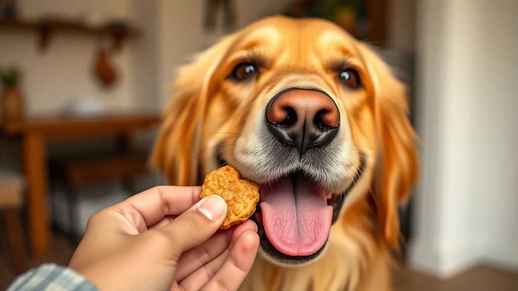 high-value treats from kitchen ingredients -
Photorealistic close-up of a happy golden retriever with tongue out, about to e