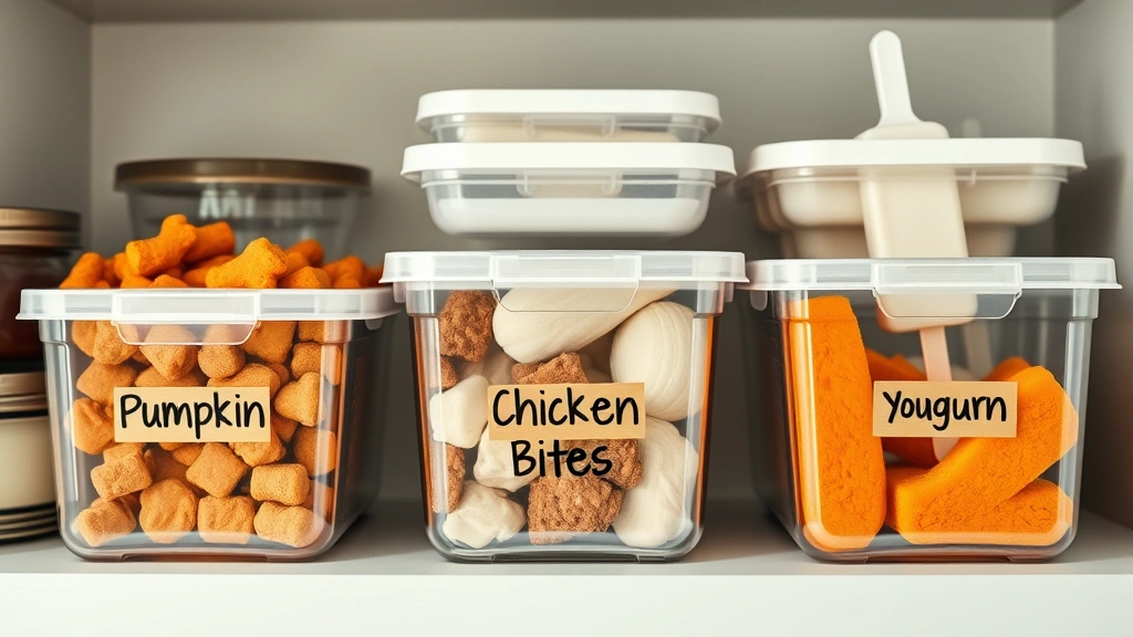 high-value treats from kitchen ingredients -
Photorealistic image of organized storage containers with labeled homemade pet 