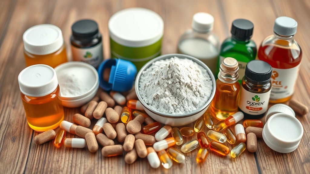 hip and joint supplements -
Photorealistic close-up of various pet supplement capsules, powders, and liquid