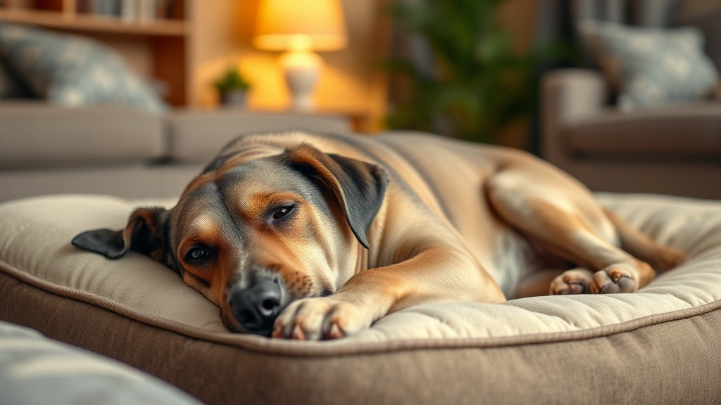 hip and joint supplements -
Photorealistic senior dog lying comfortably on an orthopedic bed indoors, looki