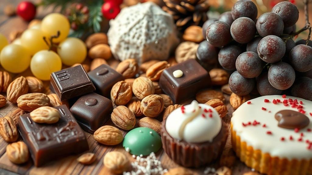 holiday foods pets should avoid -
Photorealistic close-up of holiday treats and foods including chocolate, grapes