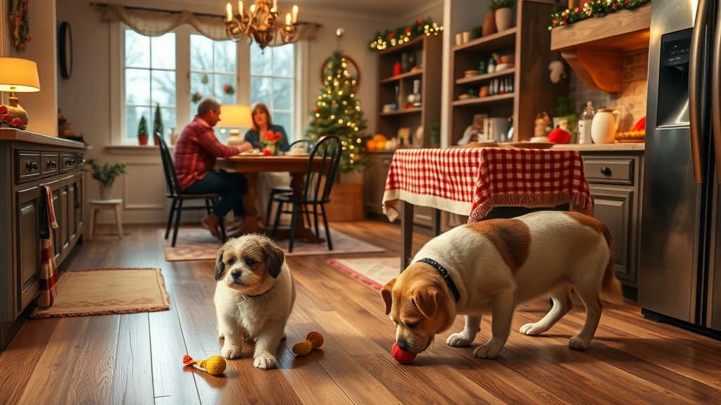 holiday foods pets should avoid -
Photorealistic scene of a cozy holiday kitchen with a cat and dog safely away f