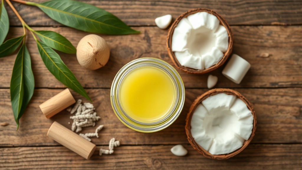 home remedies for dog ear infection -
Photorealistic overhead shot of natural dog ear infection remedies arranged on 