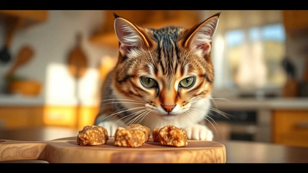 homemade cat treats -
Photorealistic image of a tabby cat with bright eyes looking down at homemade c