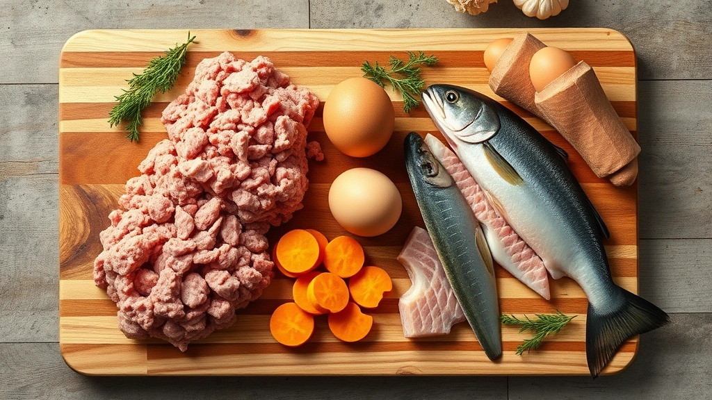 homemade cat treats -
Photorealistic overhead shot of homemade cat treat ingredients laid out on a wo