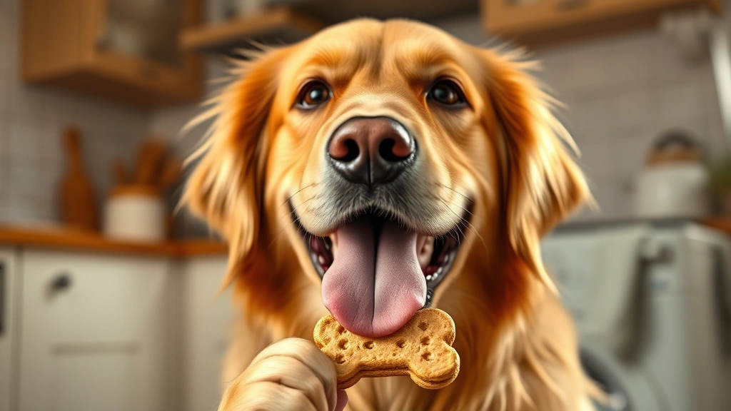 homemade dog biscuits -
Photorealistic close-up of a happy golden retriever with tongue out eating a ho