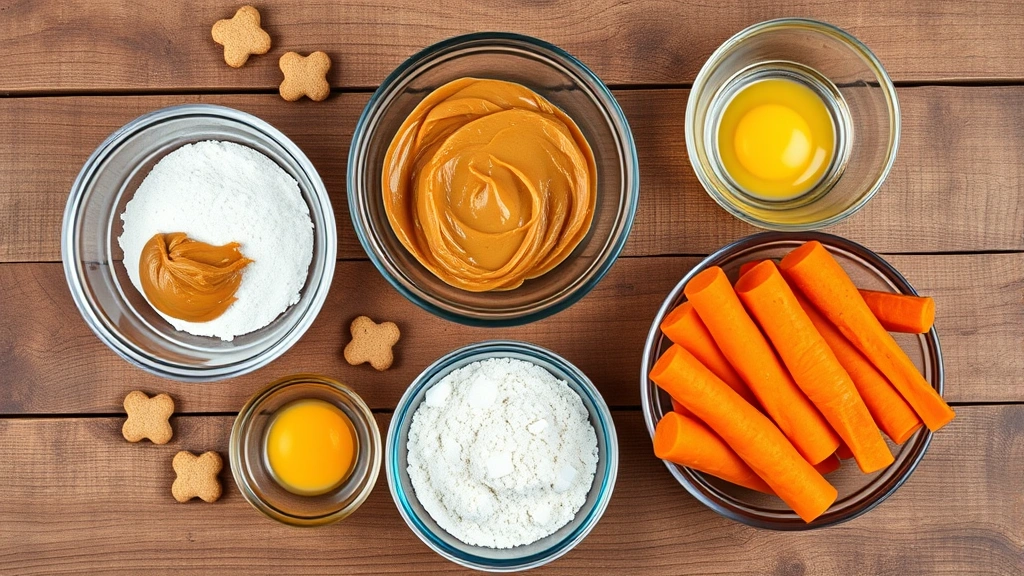 homemade dog biscuits -
Photorealistic flat lay of homemade dog biscuit ingredients including peanut bu