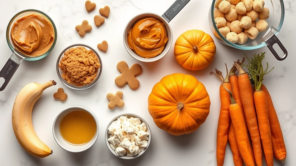 homemade dog treats -
Photorealistic overhead shot of ingredients for homemade dog treats including p