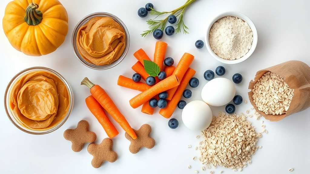 homemade dog treats recipes vet approved -
Photorealistic overhead shot of various ingredients for dog treats including pu