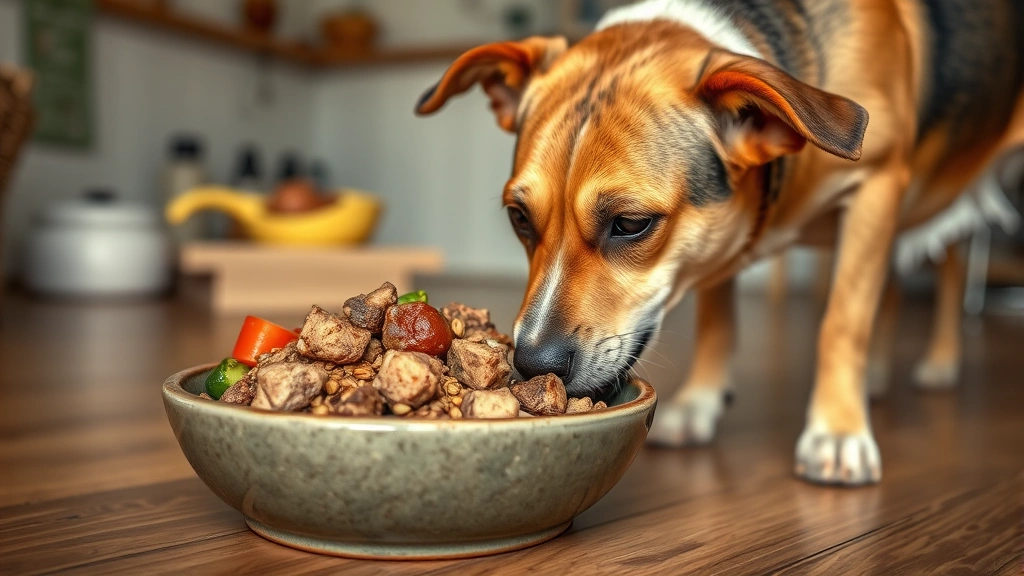 homemade pet food schedule -
Photorealistic image of a healthy dog eating from a ceramic bowl filled with ho
