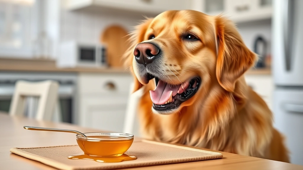 honey for dogs -
Photorealistic image of a happy adult golden retriever being offered a small sp