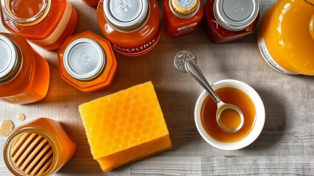 honey for dogs -
Photorealistic overhead shot of various honey containers, fresh honeycomb, and 