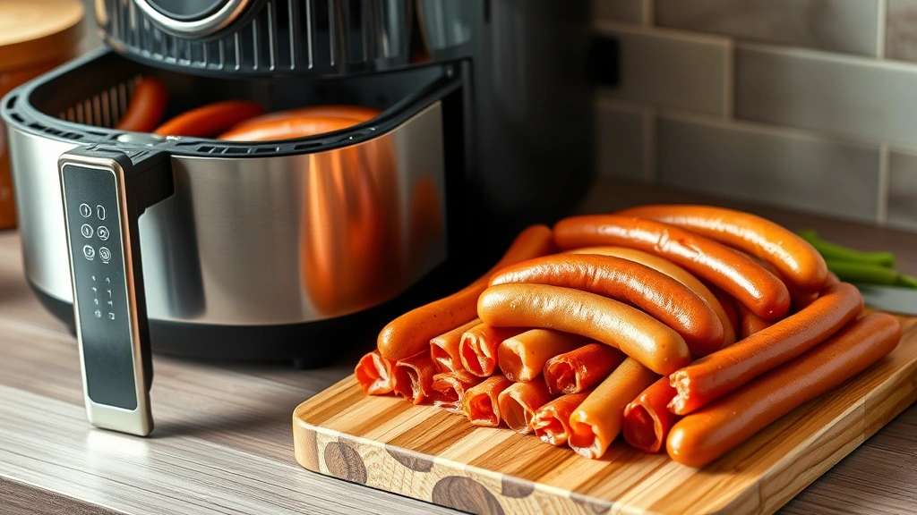 hot dog air fryer -
Variety of raw hot dogs arranged on a wooden cutting board next to a stainless 