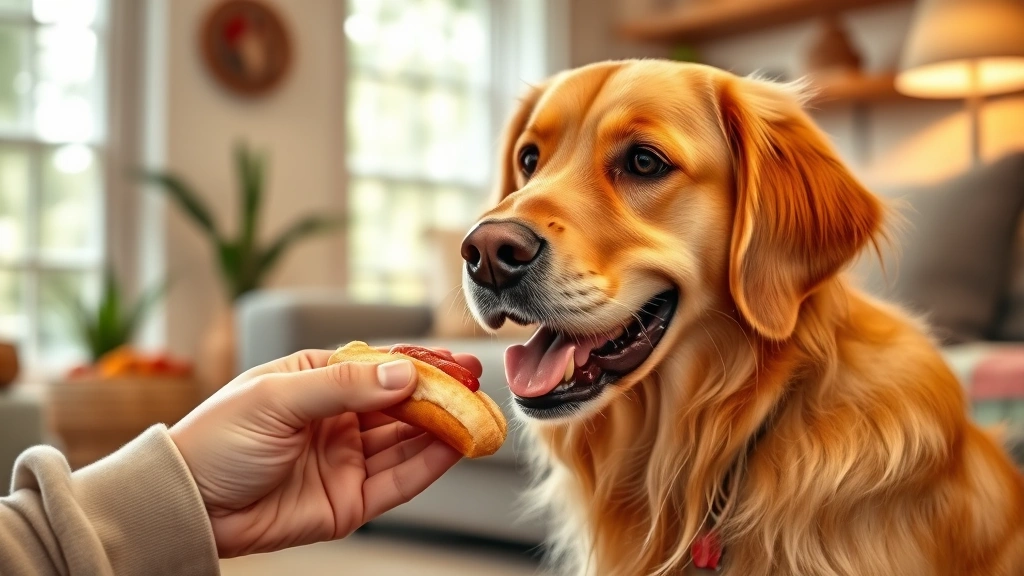 hot dog air fryer -
Happy golden retriever sitting attentively while owner holds a small piece of c