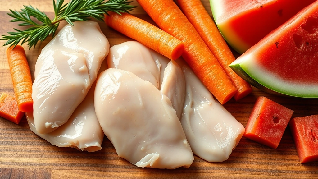 hot dog at costco calories -
Photorealistic close-up of various dog-safe foods including plain chicken breas