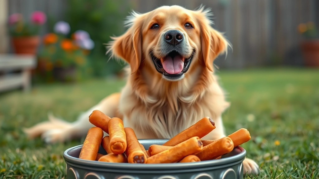 hot dog burnt ends -
Photorealistic image of a happy golden retriever sitting outdoors with a few ho
