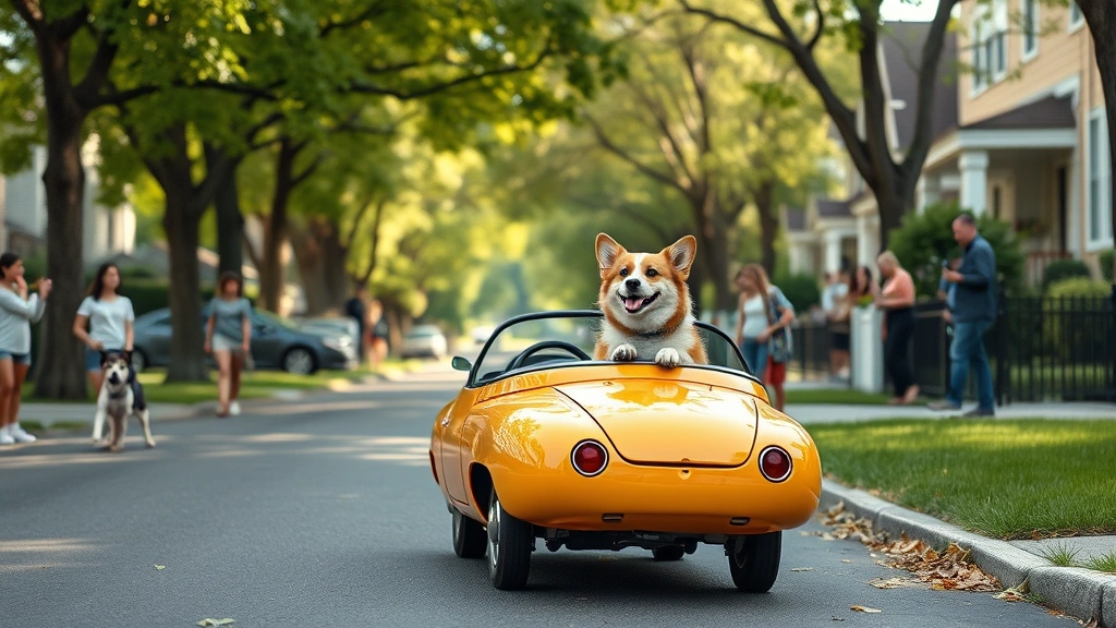 hot dog car -
Photorealistic image of an elderly corgi riding in a colorful hot dog-shaped pe