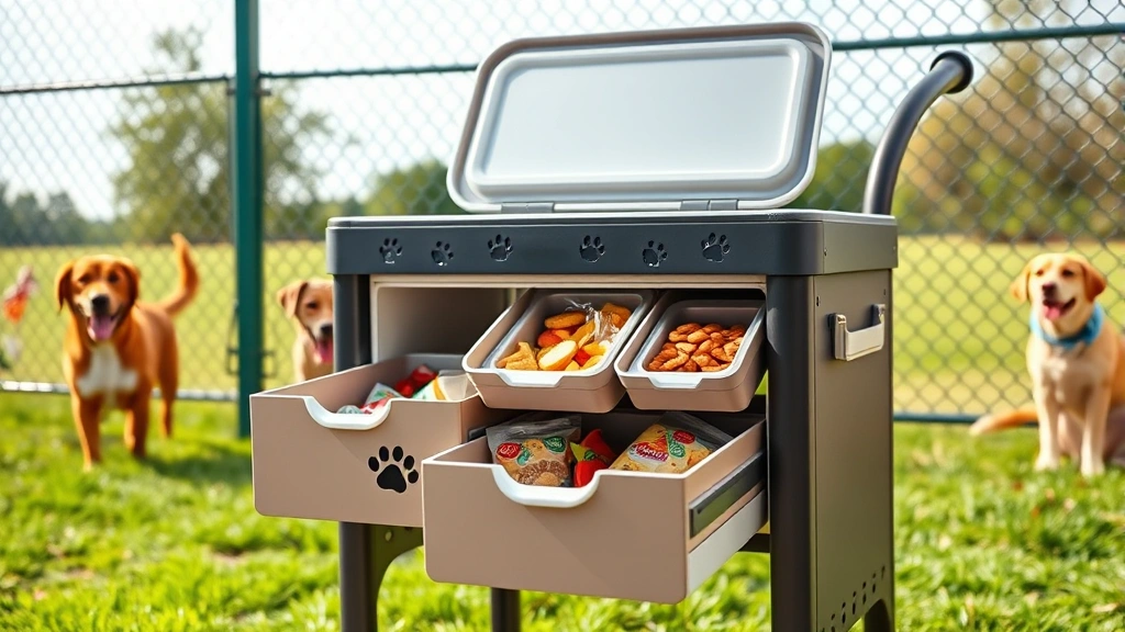 hot dog cart -
Photorealistic image of a compact insulated rolling cart with open drawers disp