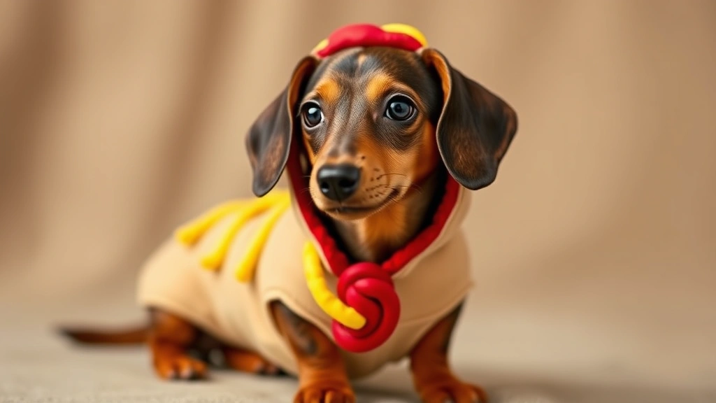 hot dog costume -
Cute dachshund in a full hot dog costume with yellow mustard and red ketchup fe