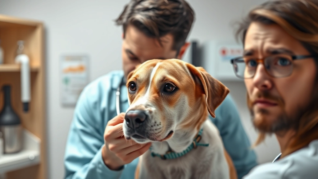 hot dog hot dog hot diggity dog -
Photorealistic image of a veterinarian examining a concerned-looking dog during