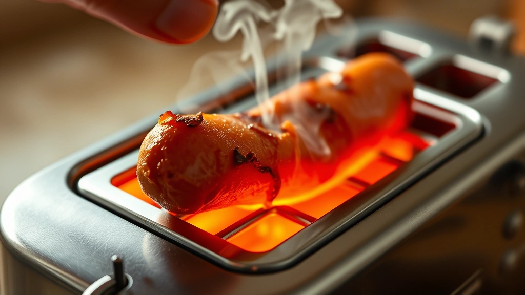 hot dog in a toaster -
Photorealistic close-up of a burnt hot dog being removed from a traditional pop