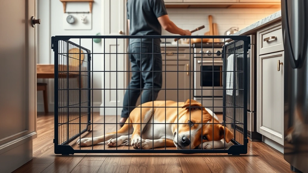 hot dog in a toaster -
Photorealistic image of a dog lying safely in a gated kitchen area while a pers