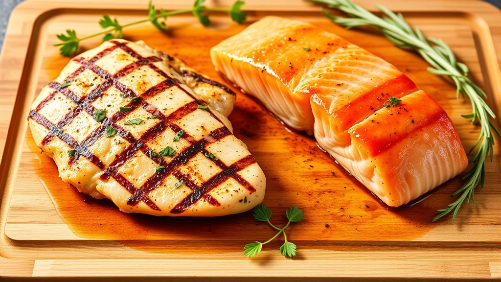 hot dog in spanish -
Photorealistic image of fresh grilled chicken breast and salmon fillets on a wo
