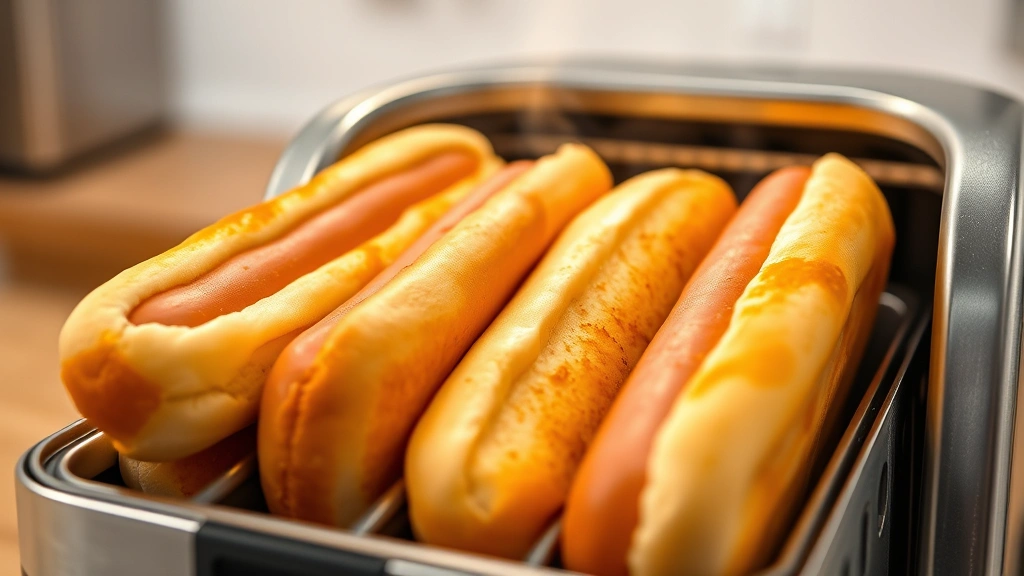 hot dog toaster -
Photorealistic close-up of perfectly toasted golden hot dogs and lightly browne
