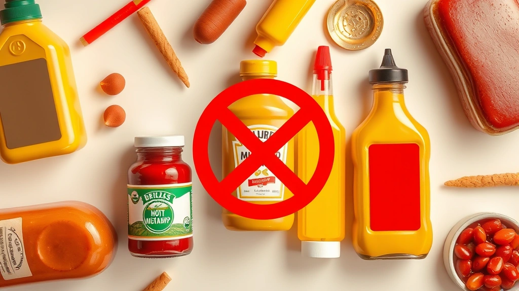 hot dog toppings -
Photorealistic flat lay composition showing various hot dog condiment bottles a