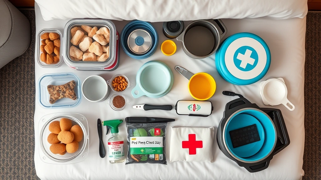 hotel feeding for pets -
Photorealistic overhead view of organized pet travel supplies including sealed