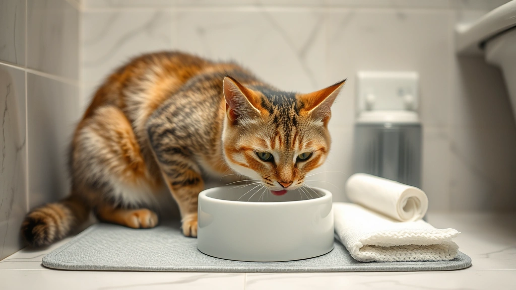 hotel feeding for pets -
Photorealistic image of a content tabby cat eating from a ceramic bowl in a des