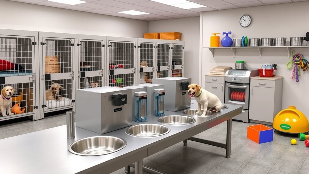 hotel for dogs movie -
Photorealistic image of an automated dog feeding station with stainless steel b
