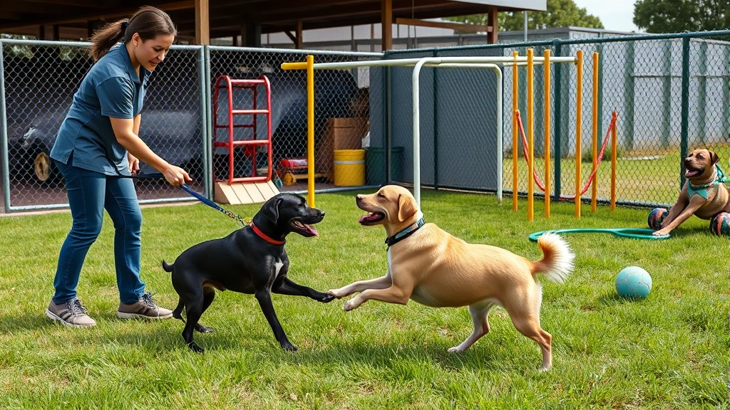 hotel for homeless dogs -
Photorealistic image of shelter staff member playing with a rescue dog in an ou