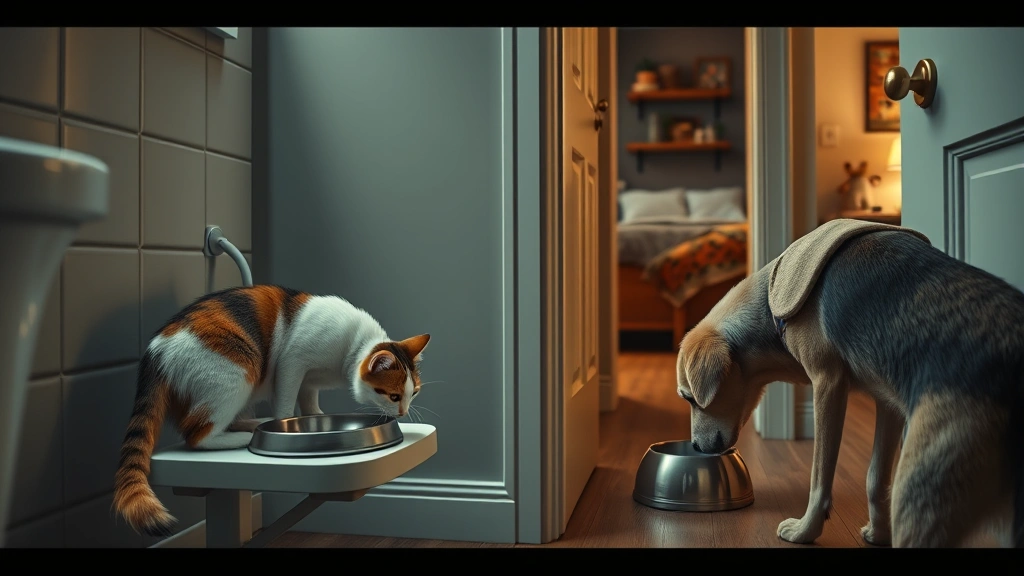 household tension feeding solutions -
Photorealistic image of a cat eating from an elevated feeding station in a bath