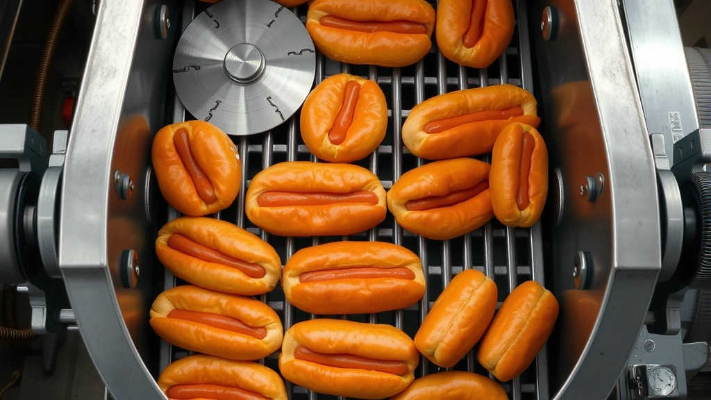 how are hot dog buns cut -
Photorealistic overhead view of a commercial bakery conveyor system with hot do