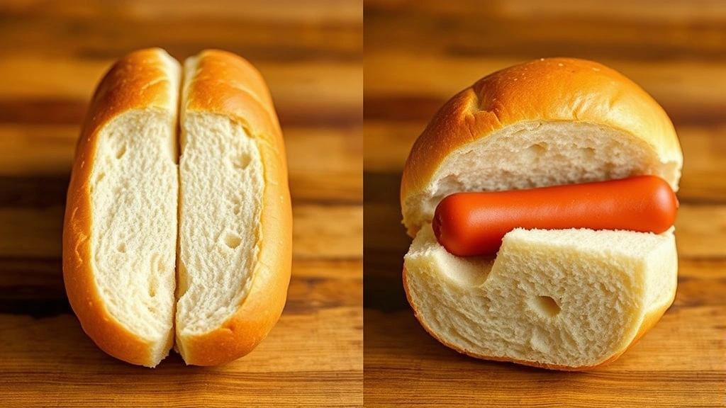 how are hot dog buns cut -
Photorealistic side-by-side comparison of a top-cut hot dog bun and a side-cut 