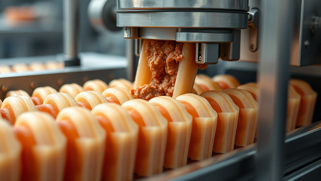 how are hot dogs made -
Photorealistic close-up of hot dog casings being filled with meat mixture on an