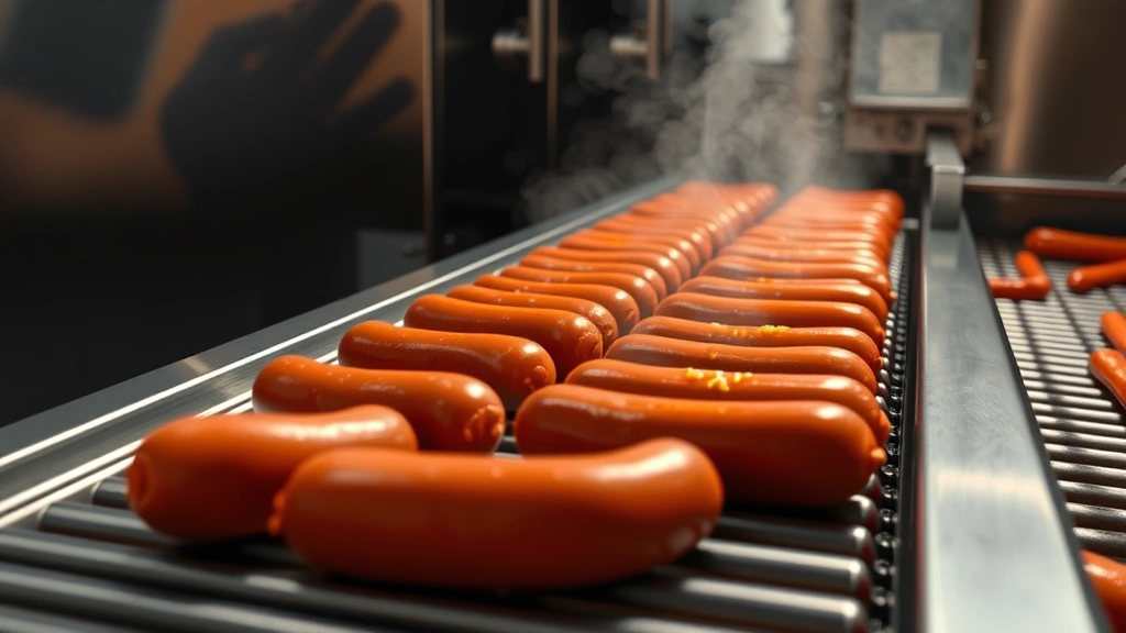 how are hot dogs made -
Photorealistic image of finished hot dogs on a conveyor belt moving through a s