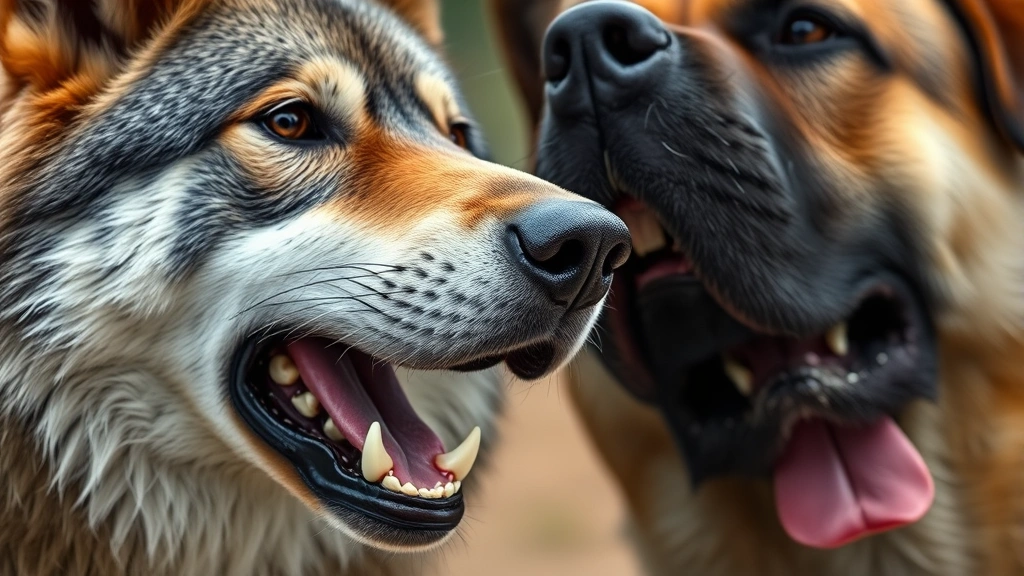 how big is a wolf compared to a dog -
Photorealistic close-up of a wolf’s head and jaw next to a large dog&#821
