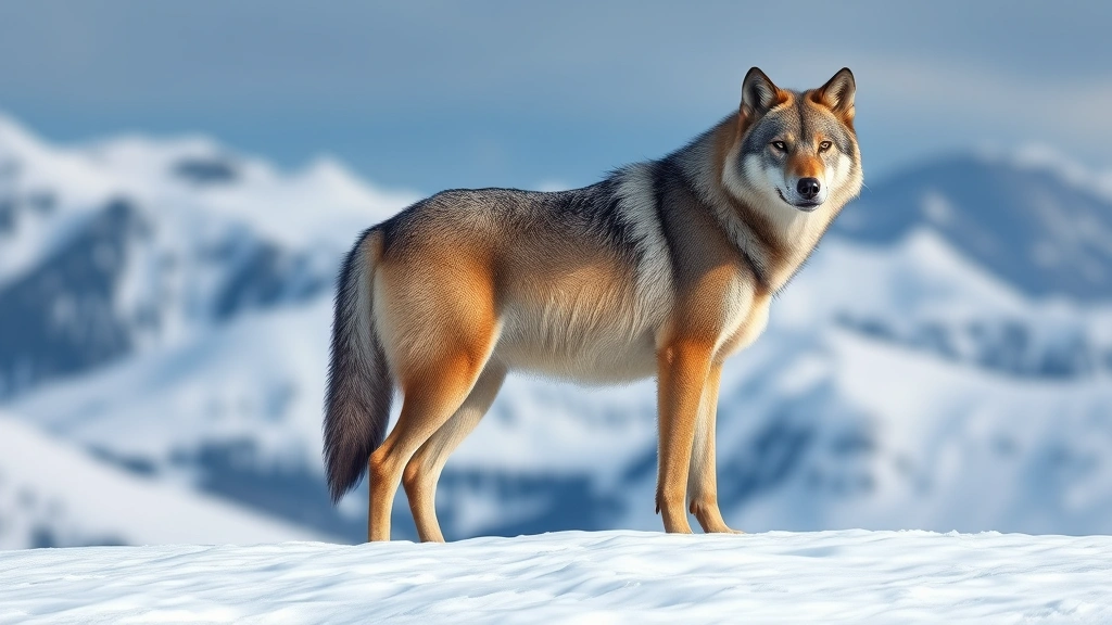 how big is a wolf compared to a dog -
Photorealistic image of a full-body gray wolf standing in snow with mountains i