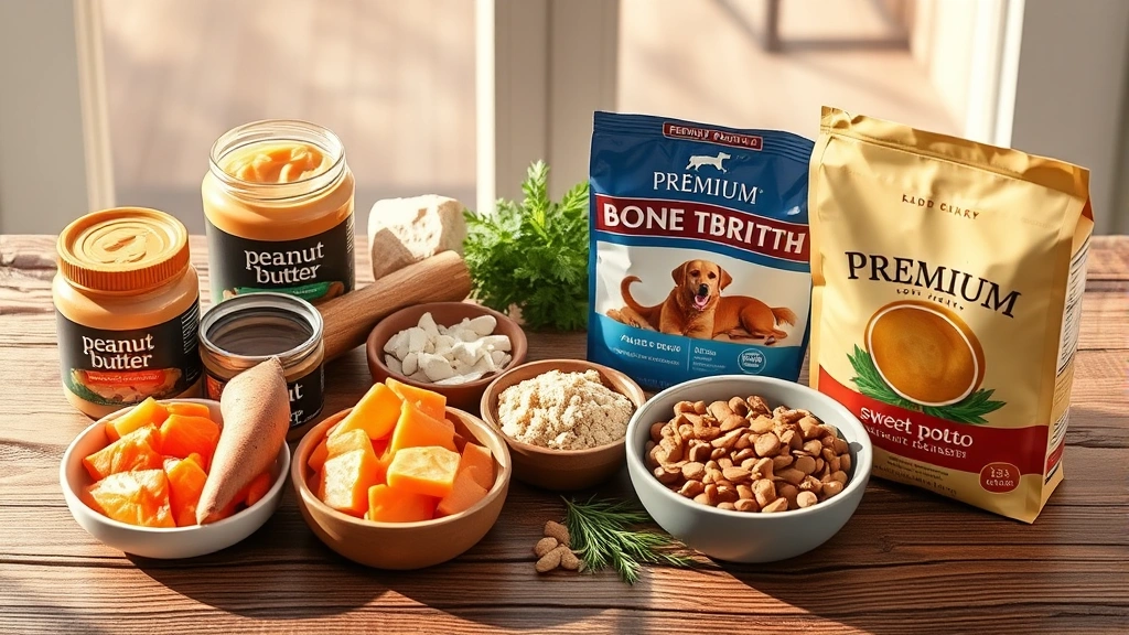 how can i get my dog to gain weight -
Photorealistic image of various dog nutrition ingredients arranged on a wooden 