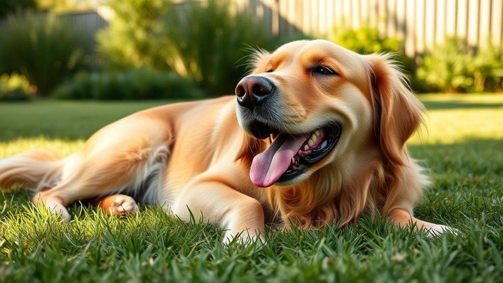 how can i stop a dog from digging -
Photorealistic image of a tired golden retriever lying contentedly on grass aft