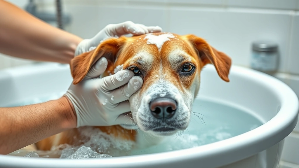 how can you get rid of mange on a dog -
Photorealistic image of a dog being given a medicated bath with warm water and 