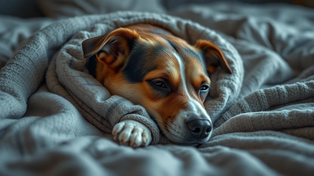 how can you tell if a dog has a temperature -
Photorealistic image of a sick dog lying on a bed looking lethargic and tired, 