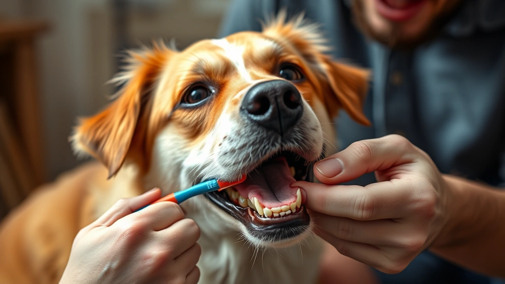 how clean is a dogs mouth -
Photorealistic image of a dog owner brushing their dog’s teeth with a too